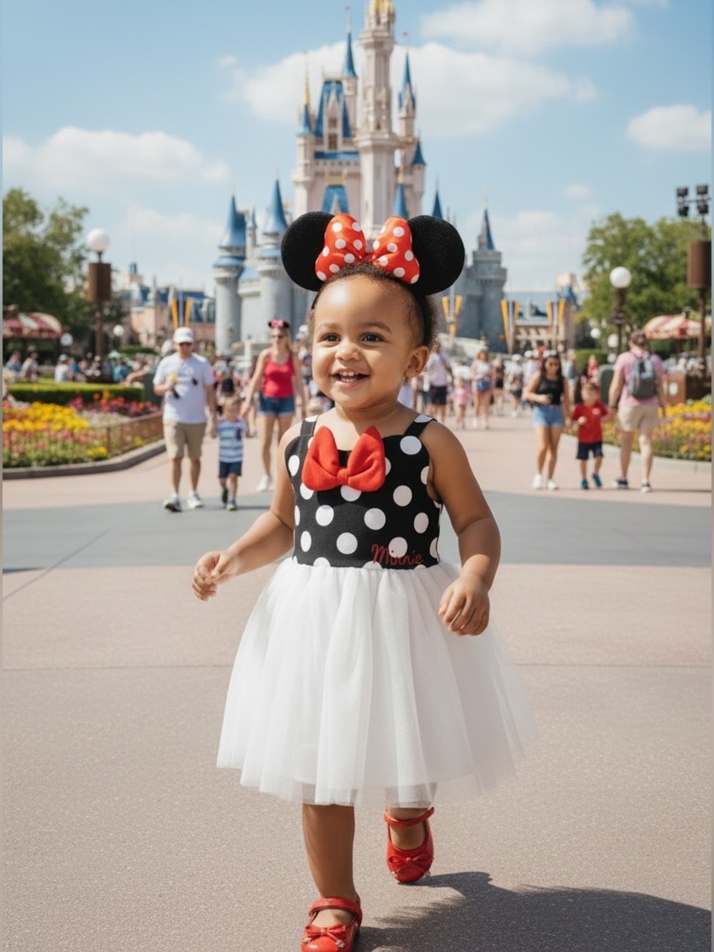 Disney Black & White Polka Dot Tulle Dress with Red Bow